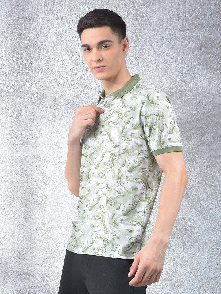 Green Abstract Print Polo Neck T-Shirt
