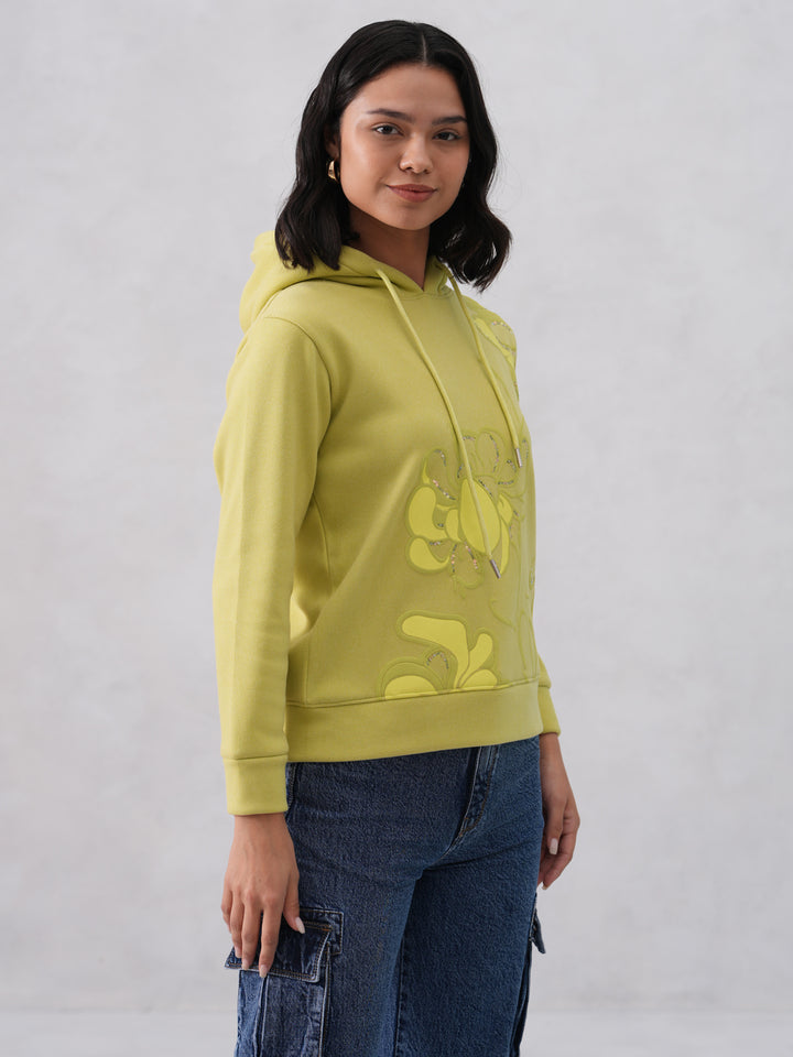 Green Embellished Hooded Neck Sweatshirt