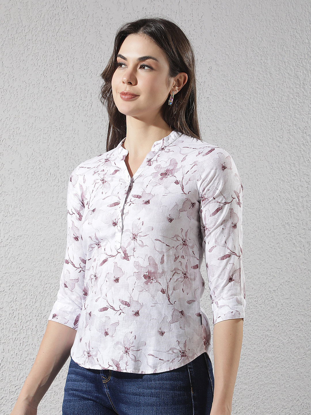 Purple Floral Print V-Neck Linen Top