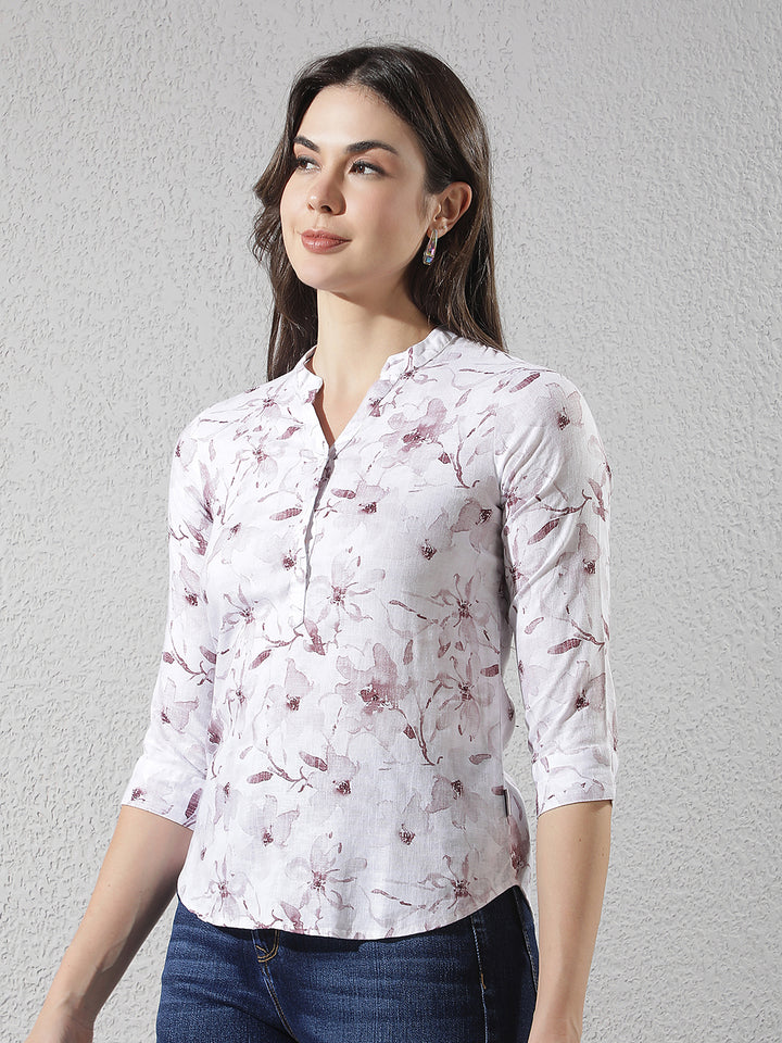 Purple Floral Print V-Neck Linen Top
