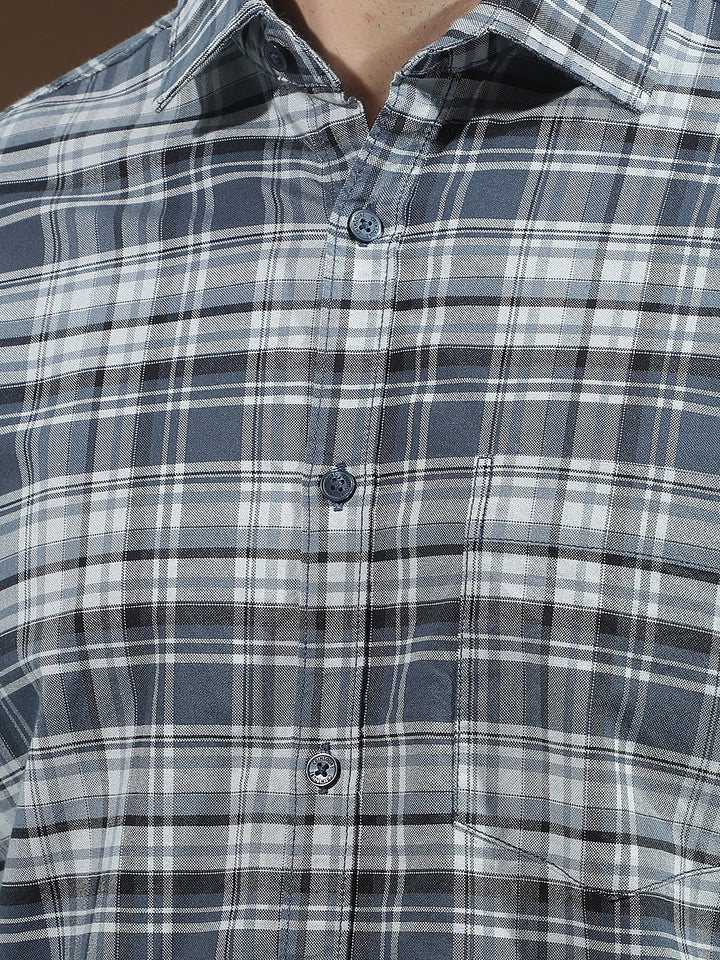 Navy Blue 100% Cotton Checked Shirt