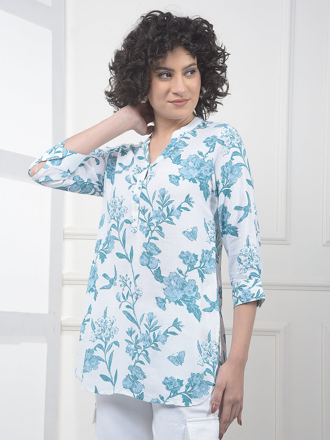 Green Floral Print V-Neck Linen Top