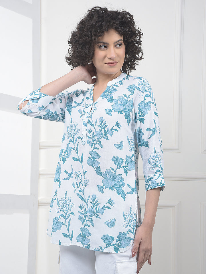 Green Floral Print V-Neck Linen Top