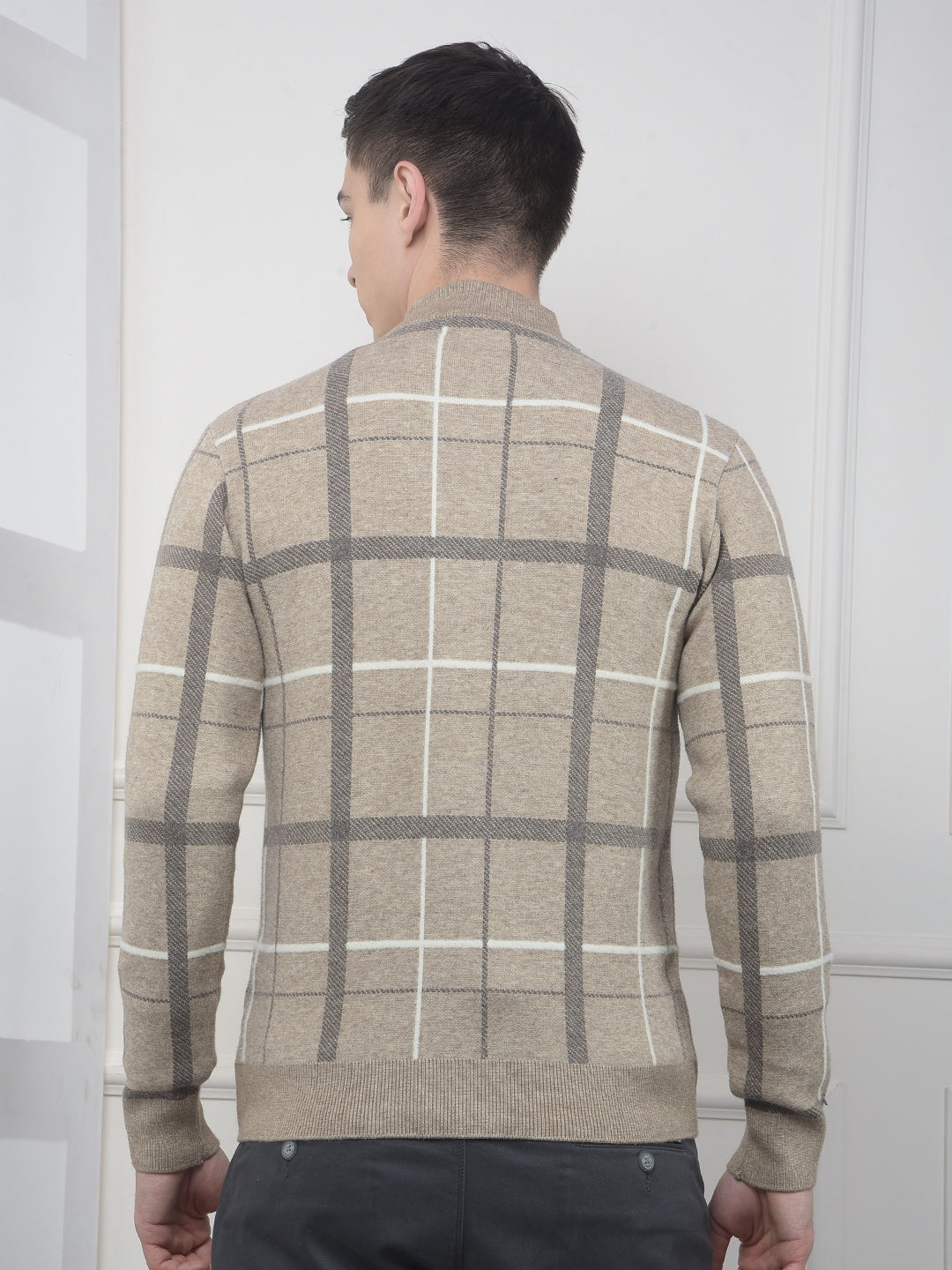 Easy Fit Beige Checked Sweater