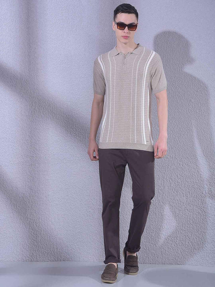 Beige Vertical Stripes T-Shirt