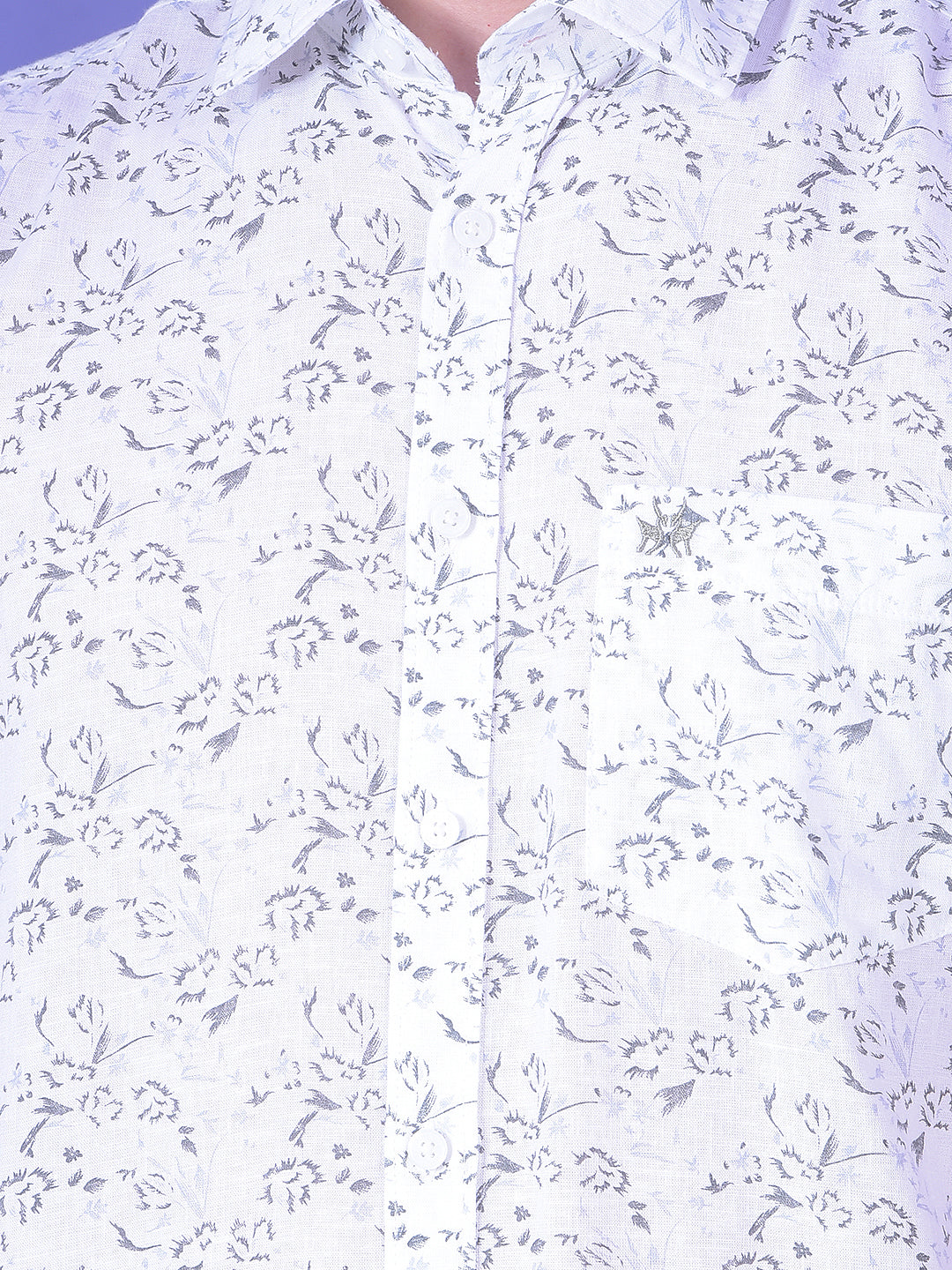 White Floral Print Linen Shirt