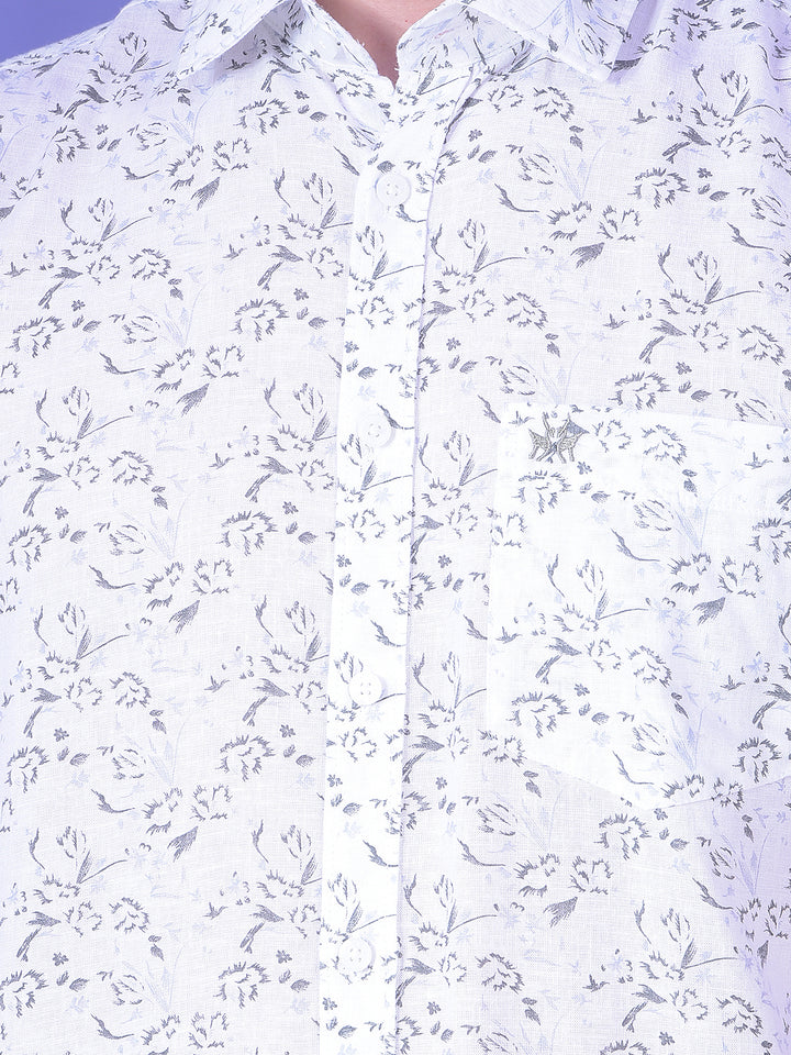 White Floral Print Linen Shirt