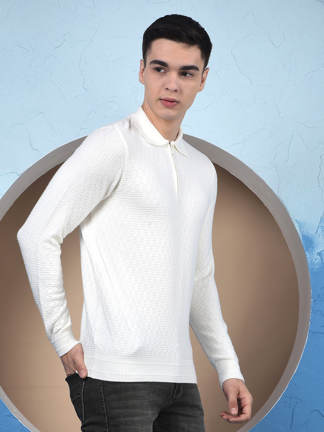 Ivory White Soft-Touch Blended Regular Textured Sweater