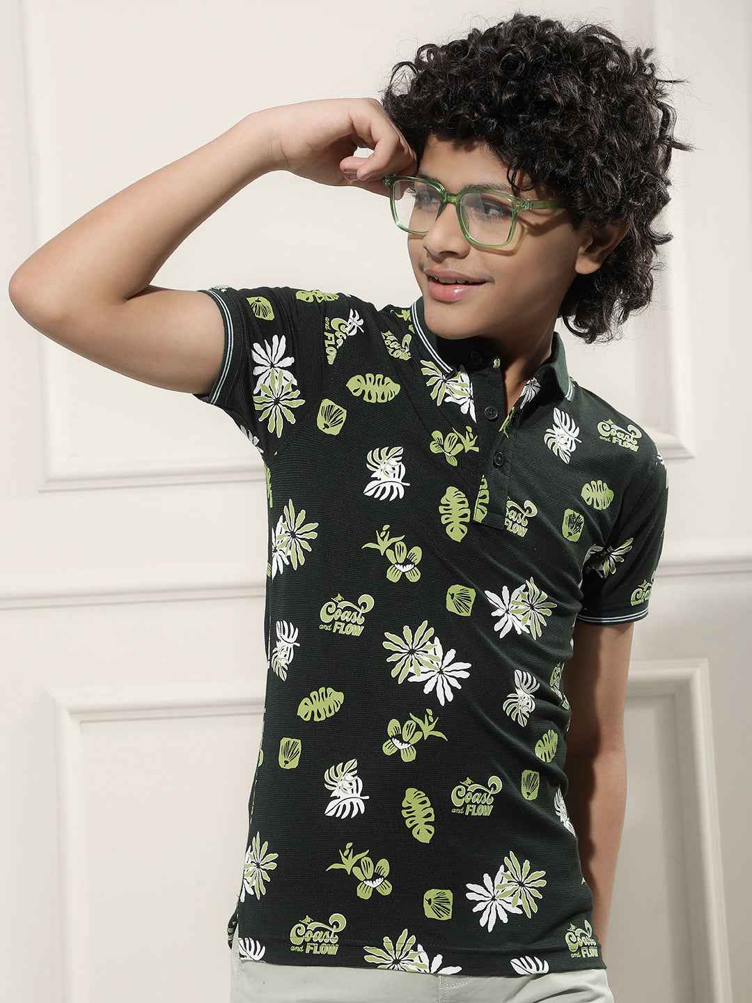 Tropical Print Green Polo T-Shirt