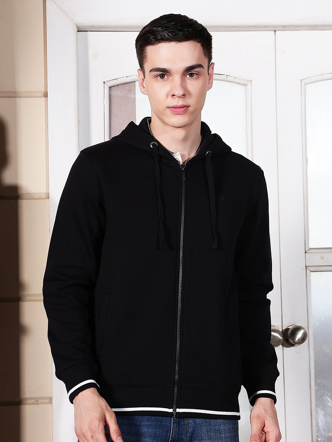 Black Hooded Neck Front Open Sweatshirt