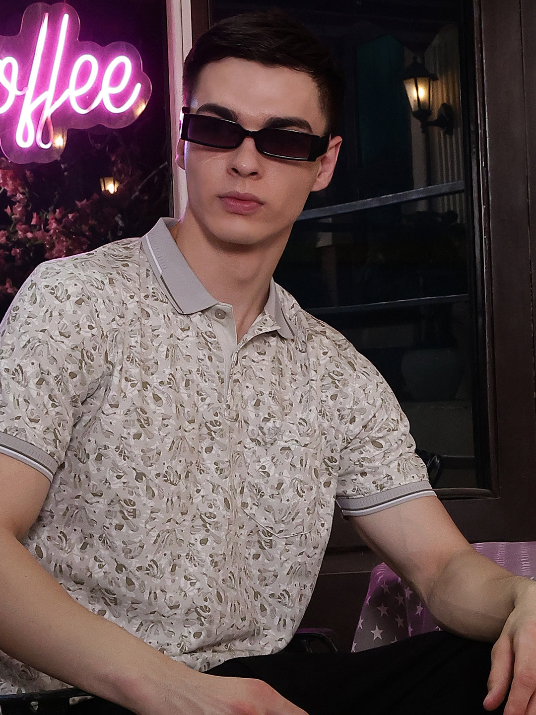 Green Printed Polo Neck T-Shirt
