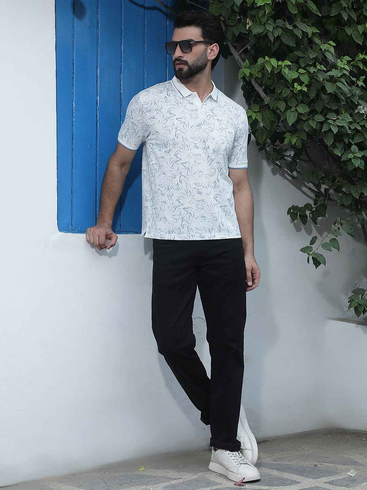 White Floral Print Polo Neck T-Shirt
