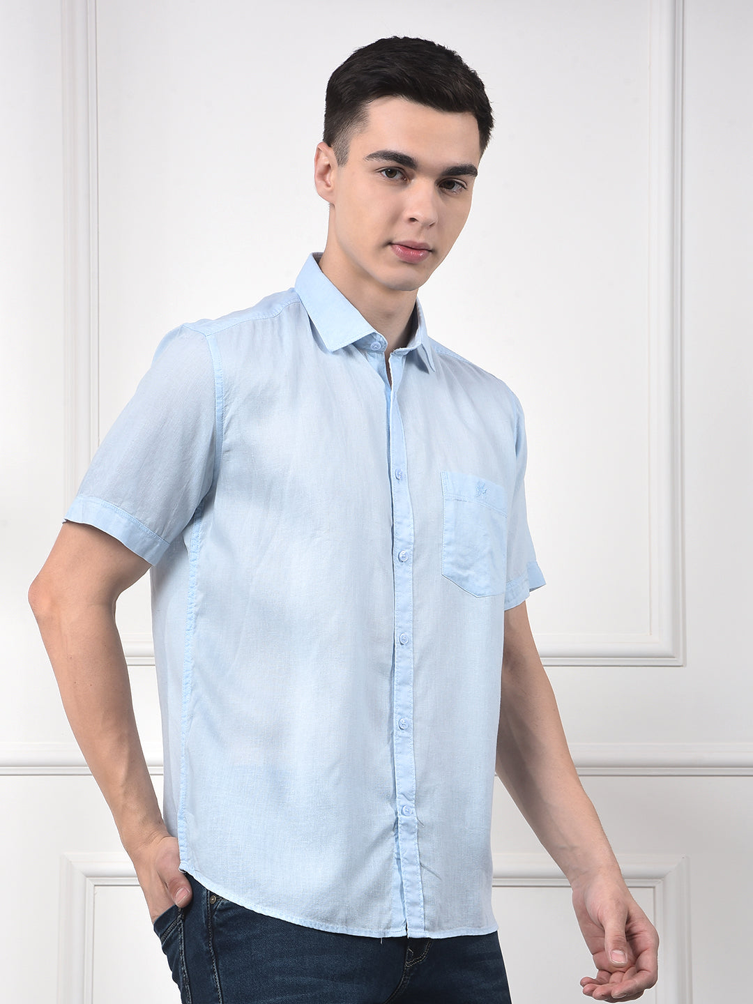 Breeze Blue Linen Short Sleeve Shirt