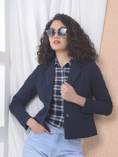 Navy Blue Notched Lapel Single-Breasted Blazer