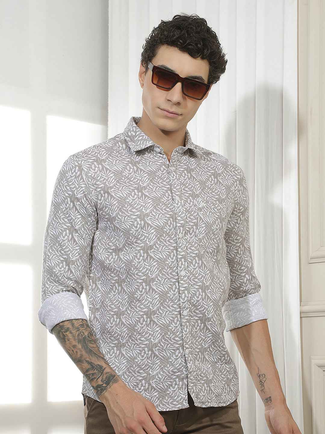 Tan Botanical Print 100% Cotton Shirt