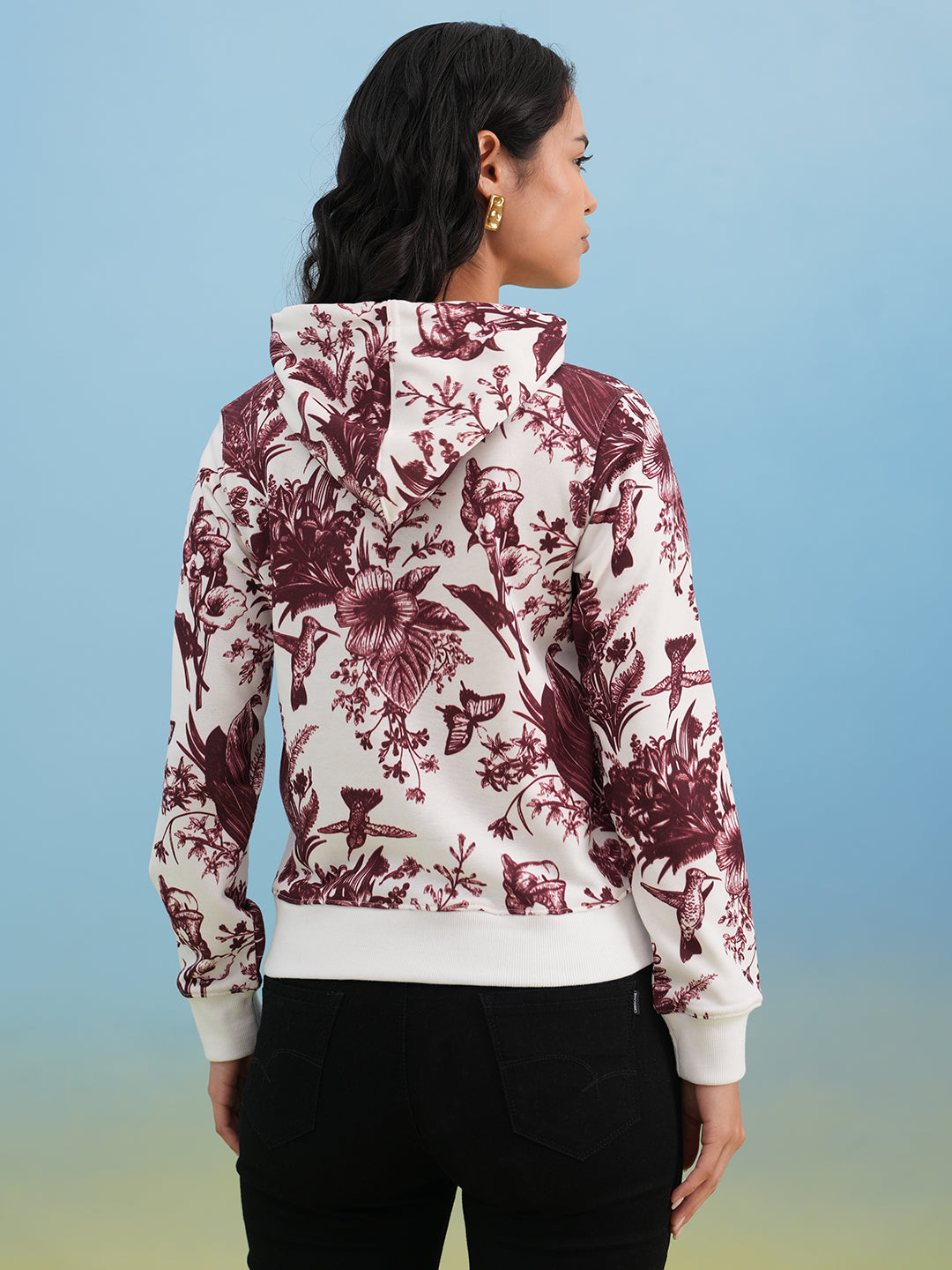 Wine Floral Print Hooded Neck Sweatshirt