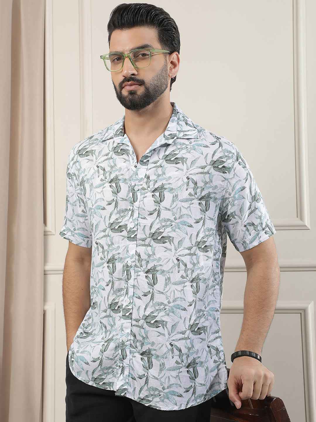 Green Floral Print Linen Shirt