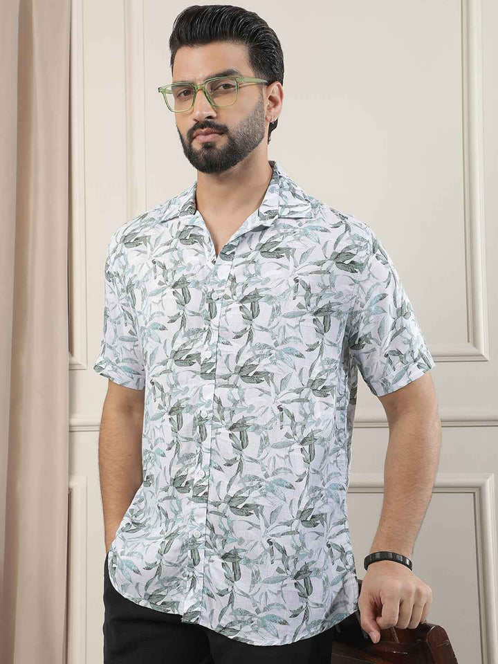 Green Floral Print Linen Shirt