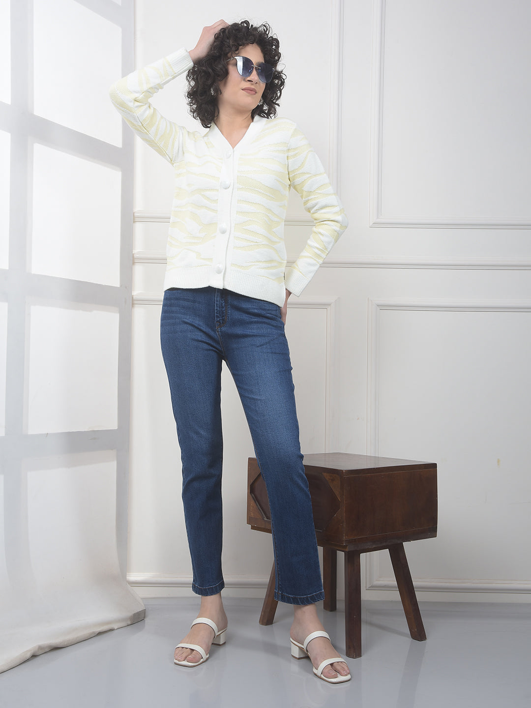 White Jacquard V-Neck Cardigan