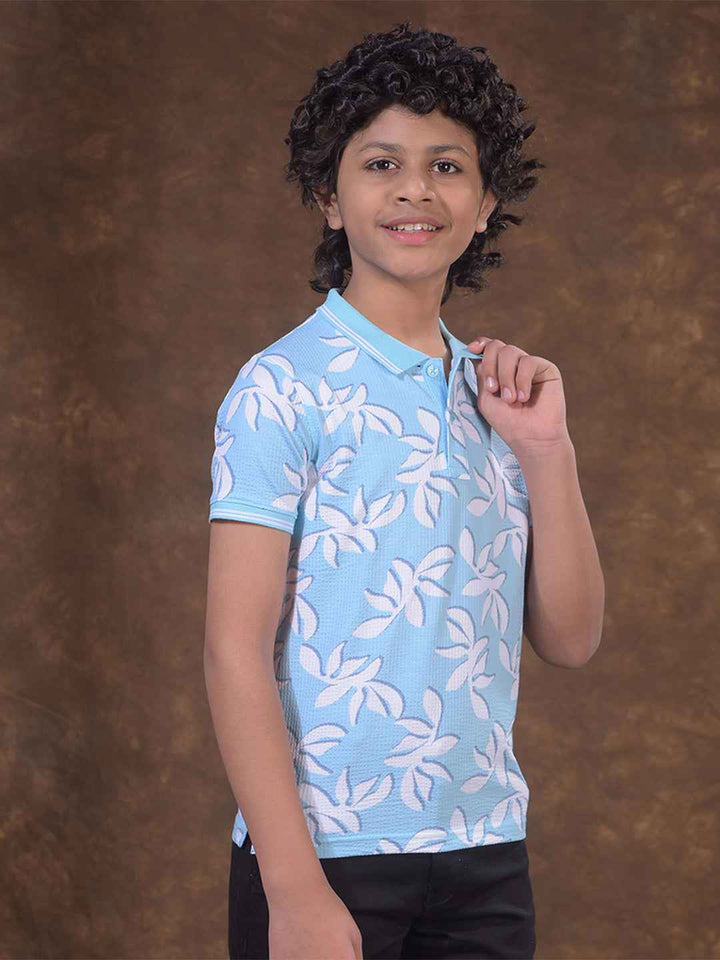 Blue Floral Print Polo Neck T-Shirt