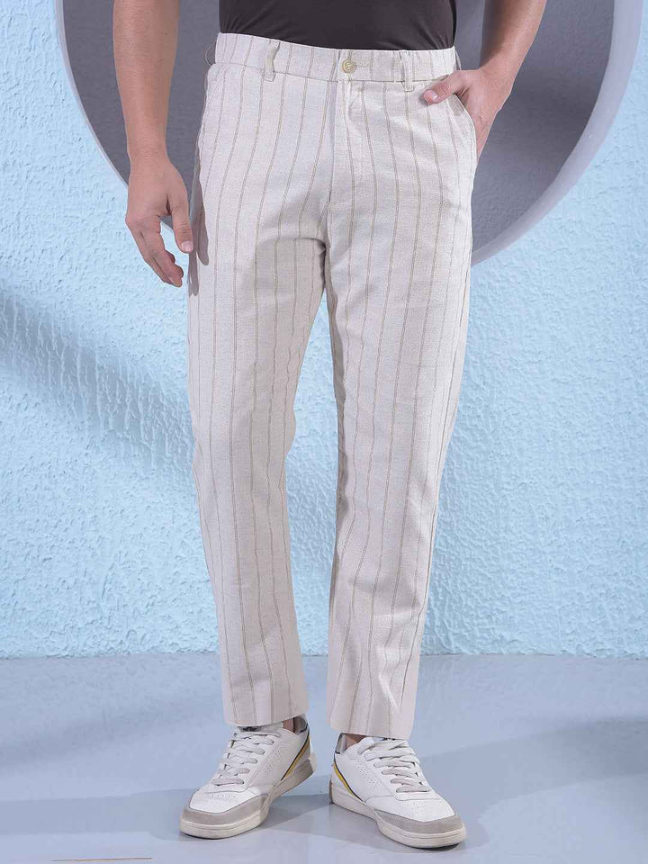 Beige Vertical Stripes Trousers