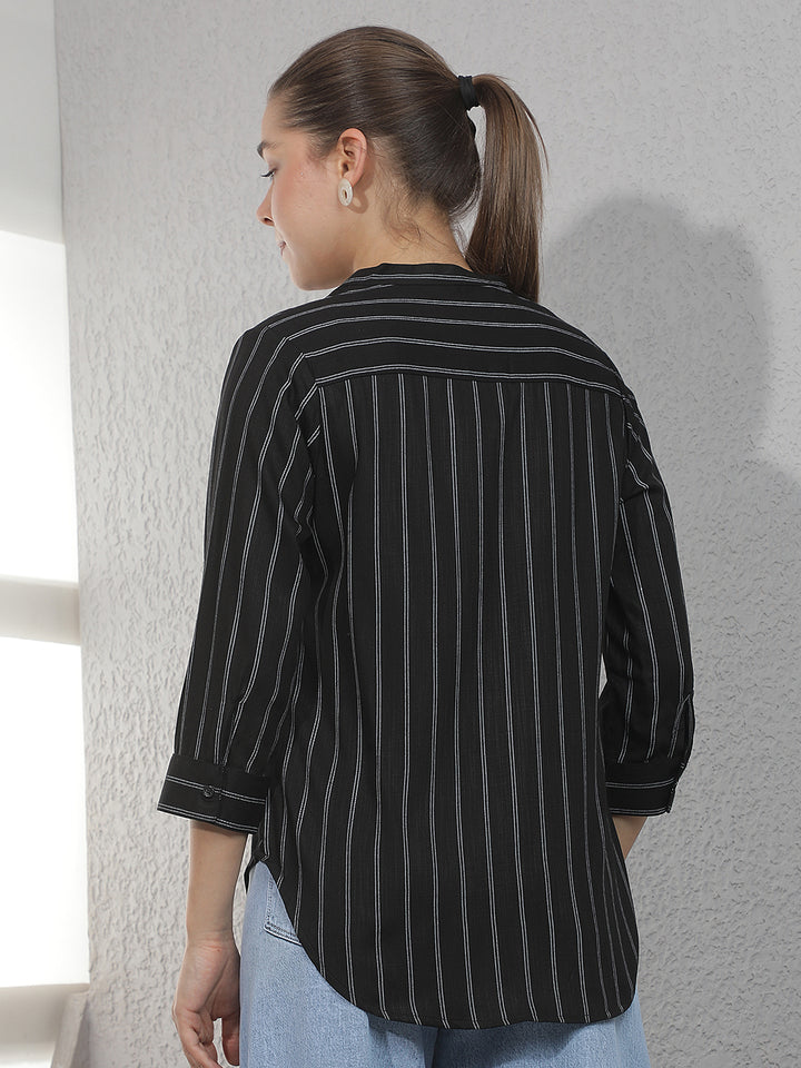 Black Vertical Stripes V-Neck Shirt