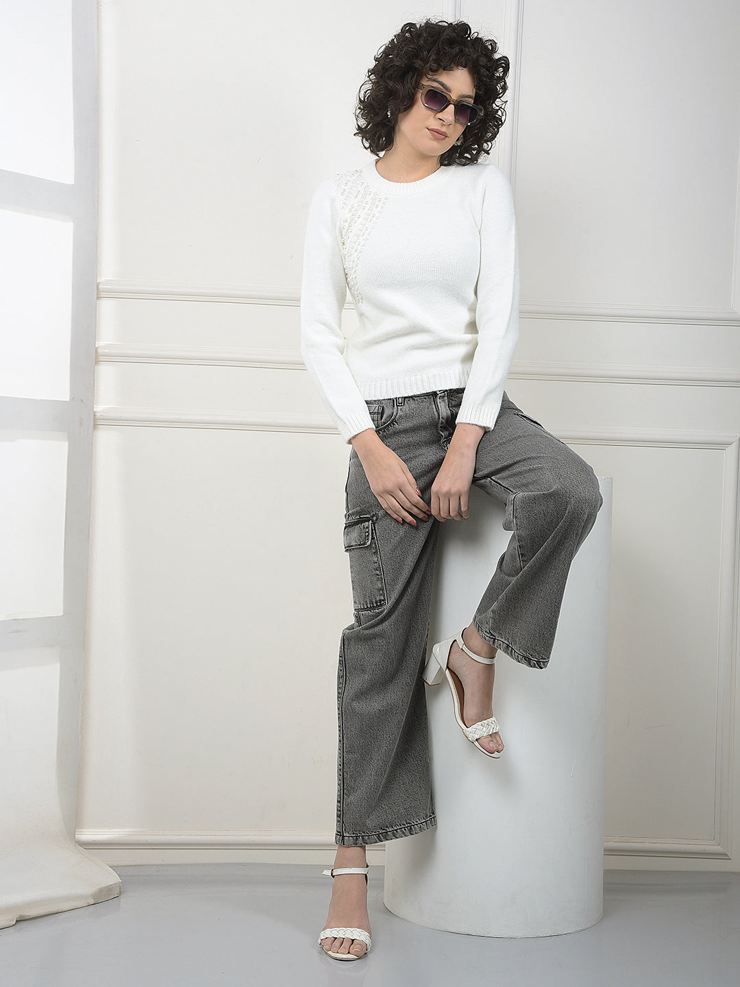 Round Neck White Sweater