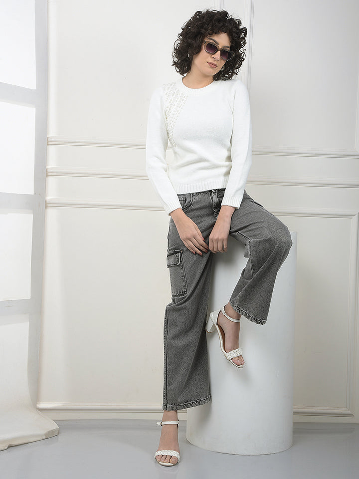 Round Neck White Sweater