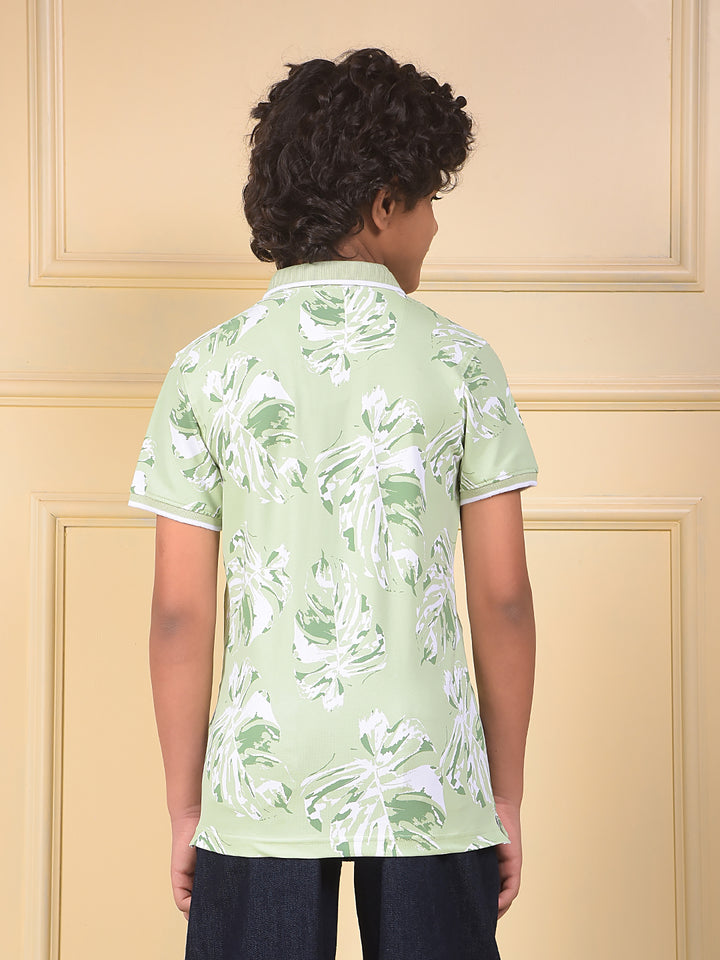 Green Floral Print Polo Neck T-Shirt