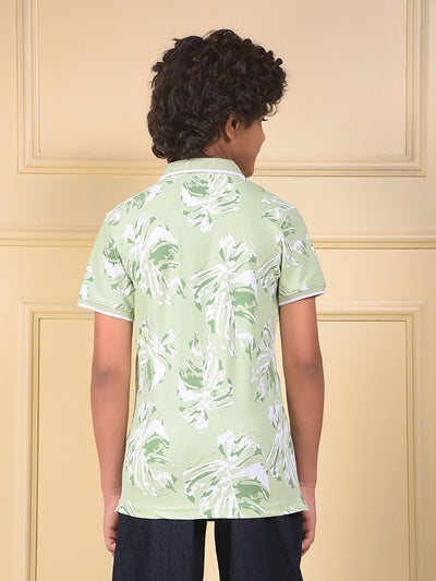 Green Floral Print Polo Neck T-Shirt