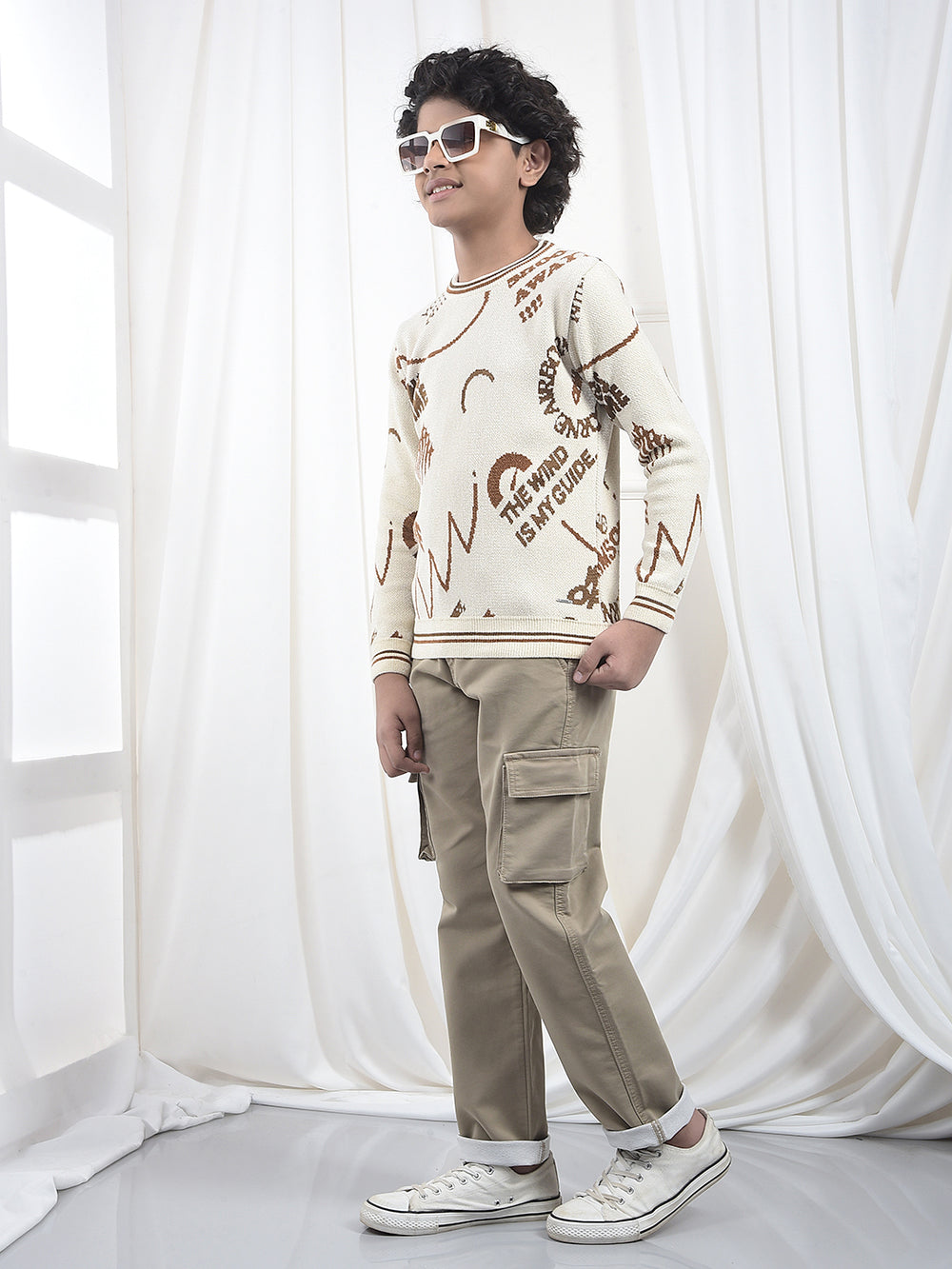 Cream Typographic Print Knitted Sweater