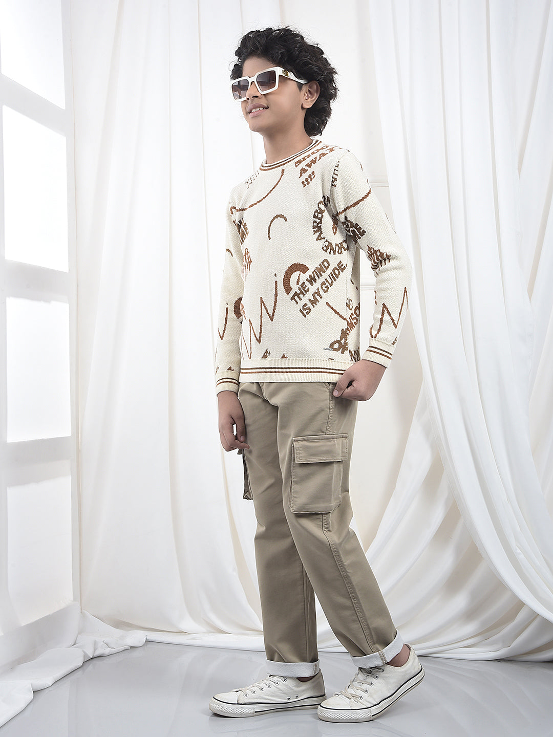Cream Typographic Print Knitted Sweater