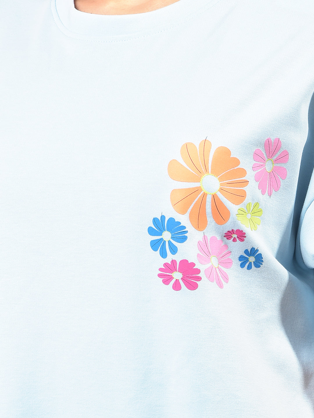 Blue Floral Print Oversize T-Shirt-Women T-Shirts-Crimsoune Club