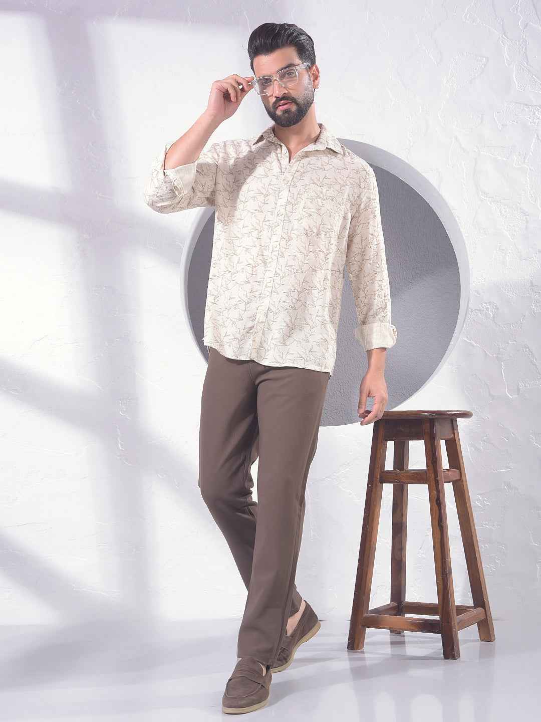 Beige Floral Print Linen Shirt