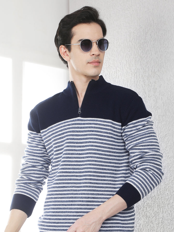 Navy Blue Horizontal Stripes High Neck Sweater