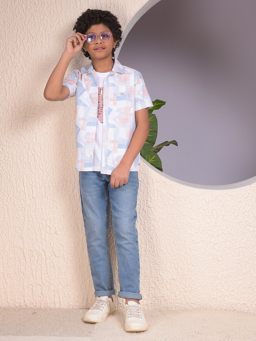 Peach Printed Shirt & Tee Set Layered Look