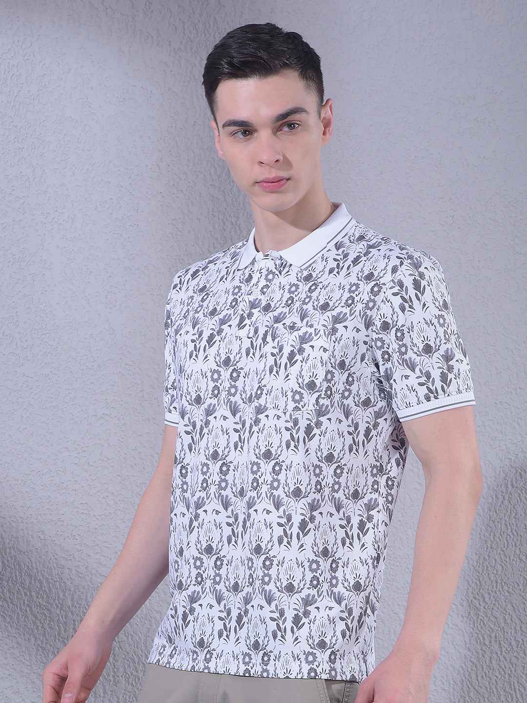 Grey Floral Print Polo Neck T-Shirt