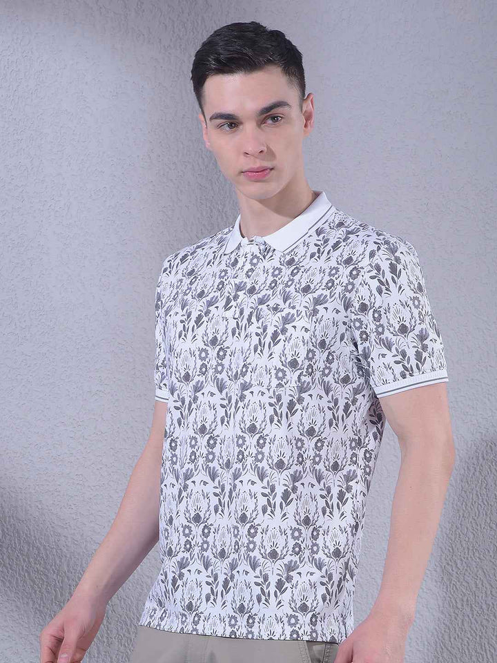Grey Floral Print Polo Neck T-Shirt