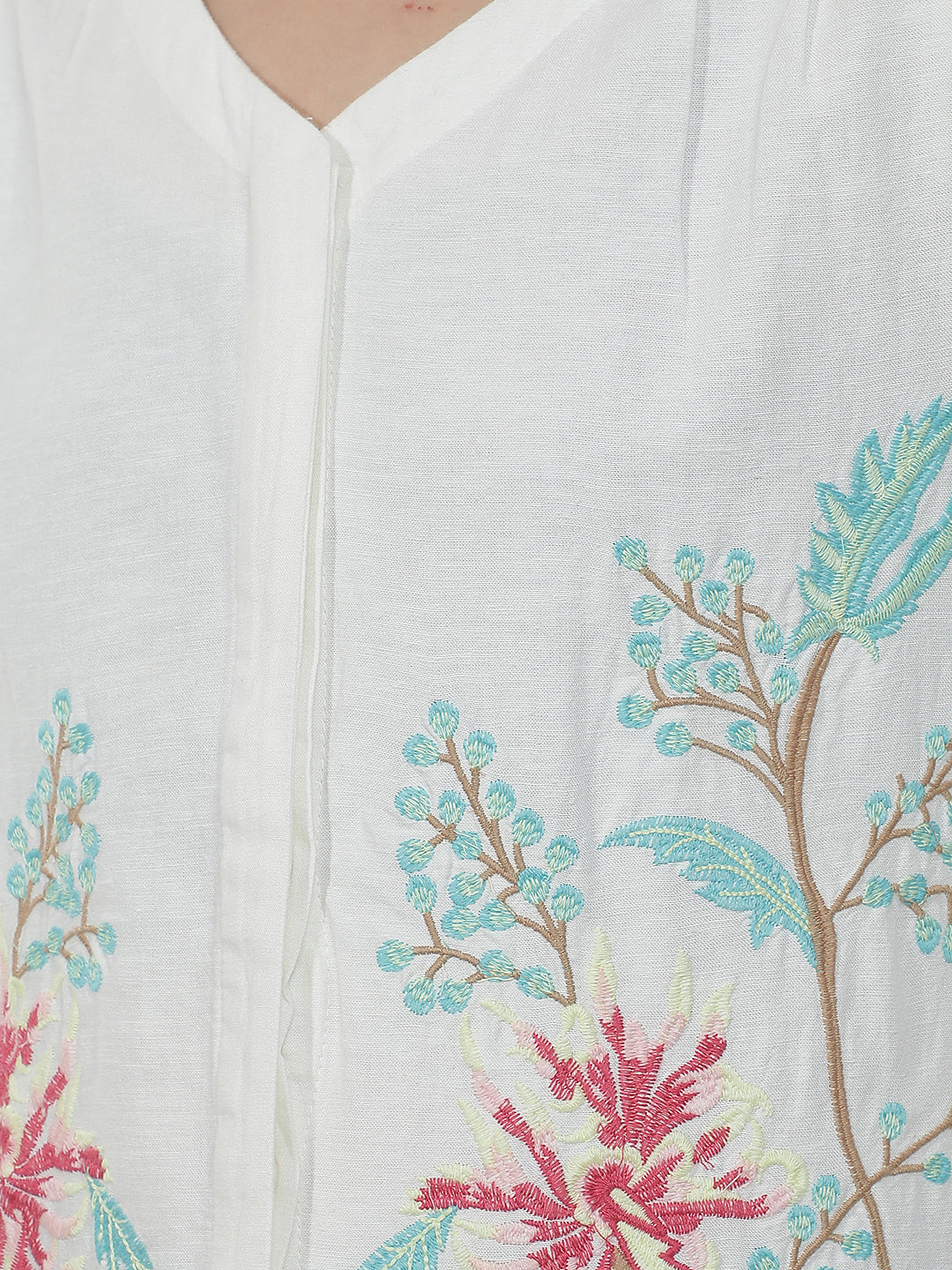 Off White Embroidered V-Neck Linen Top