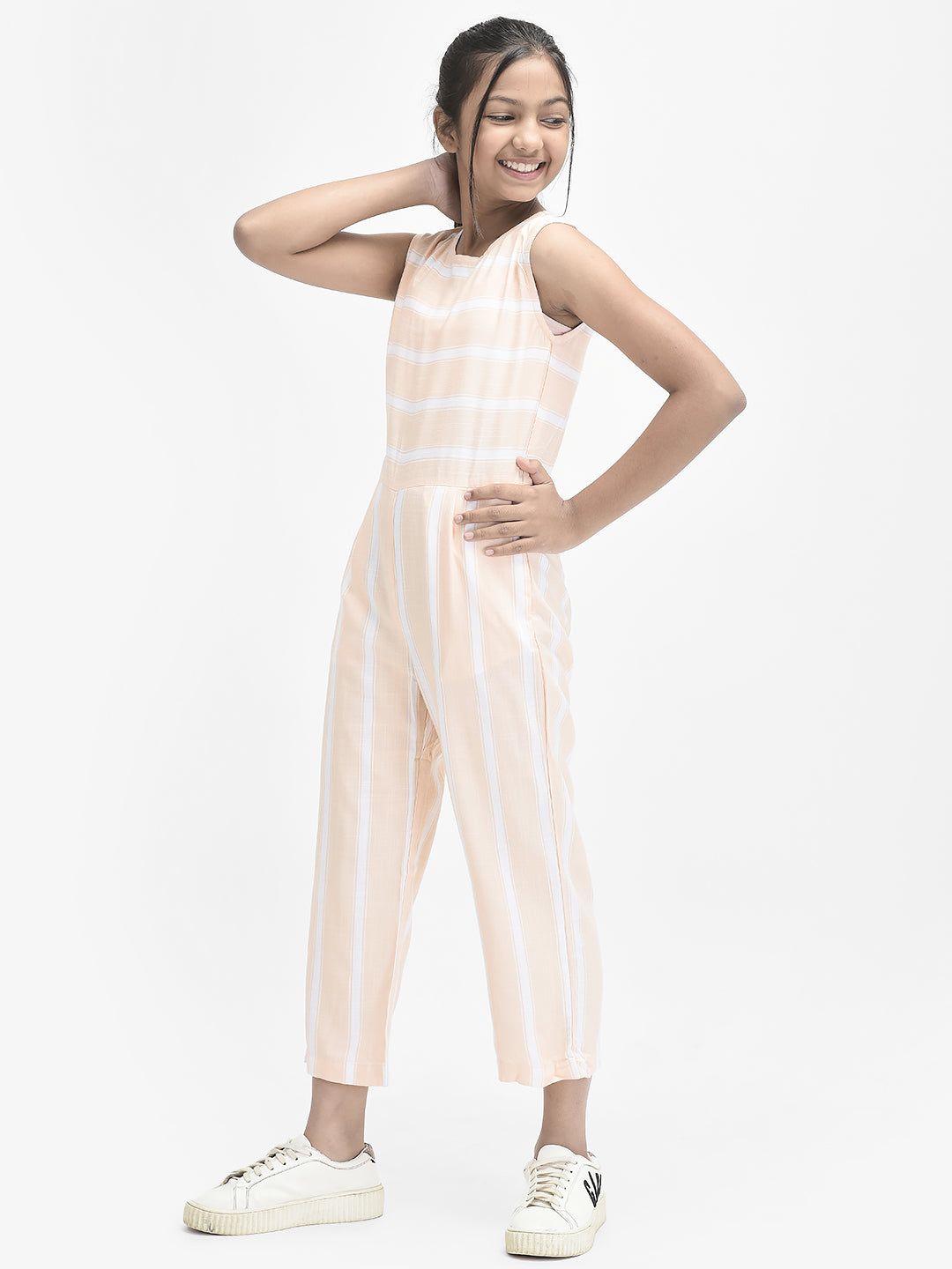 Peach Striped Sleeveless Jumpsuit-Girls Jumpsuits-Crimsoune Club