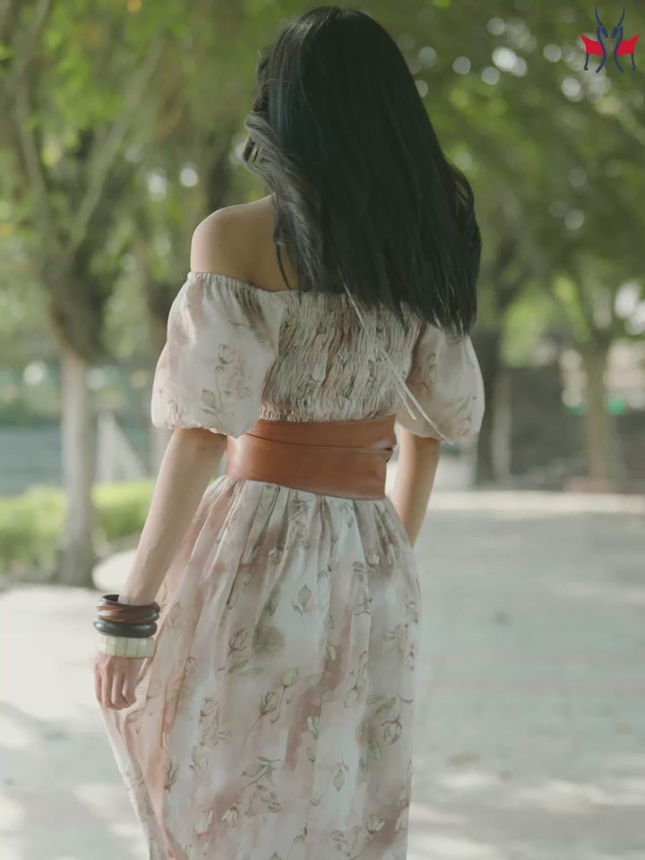 Brown Floral Print A-Line Off-Shoulder Dress
