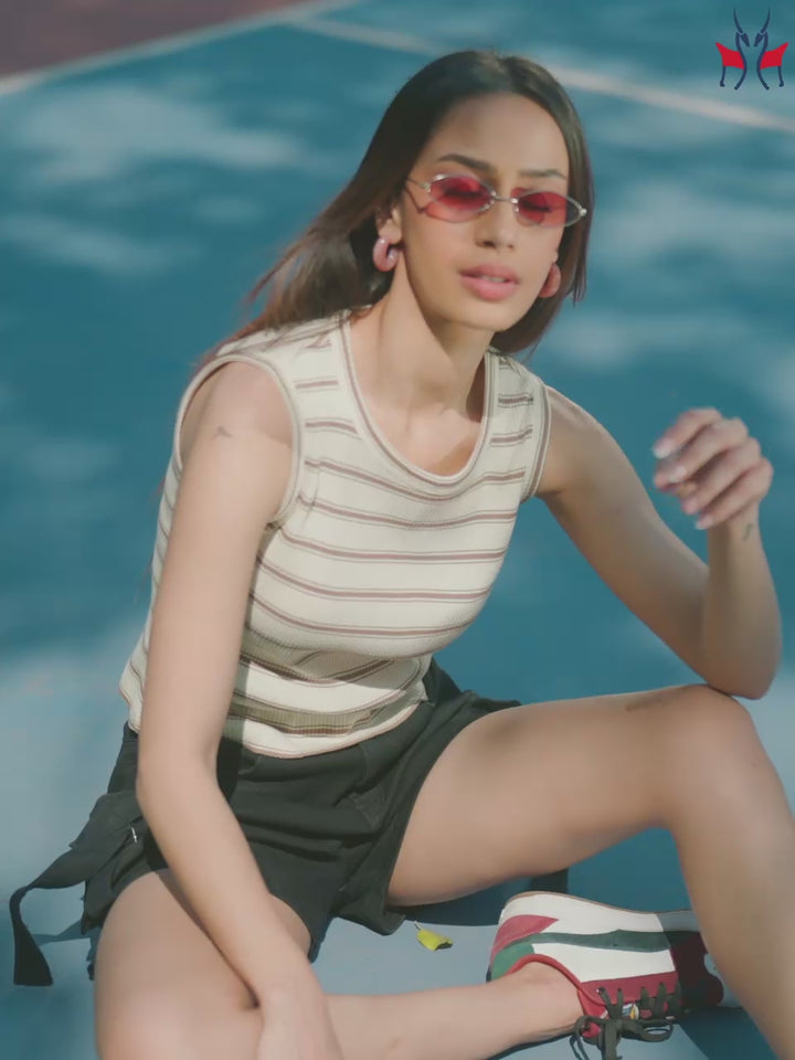 Brown Horizontal Stripes Sleeveless Crop Length T-Shirt