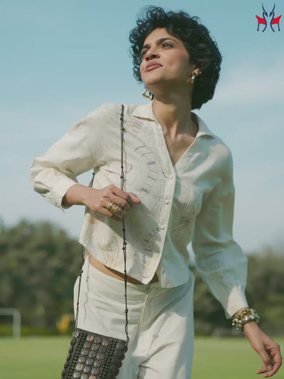 Beige Embroidered Crop Length Shirt