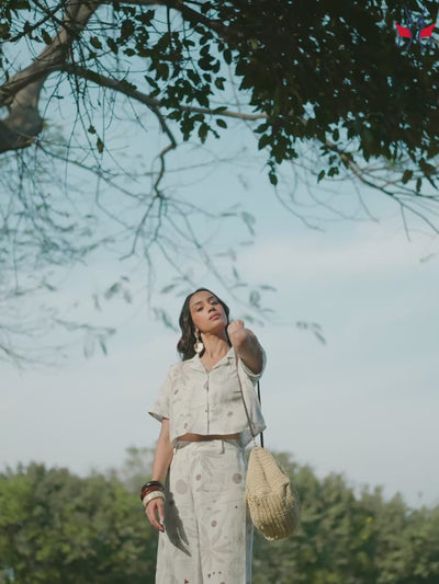 White Floral Print Cropped Linen Shirt
