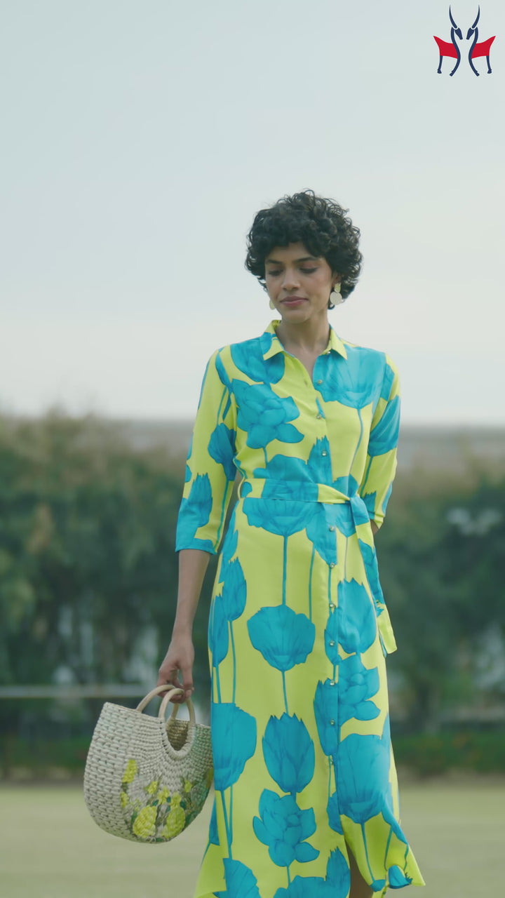 Green Floral Print Shirt Dress with Belt