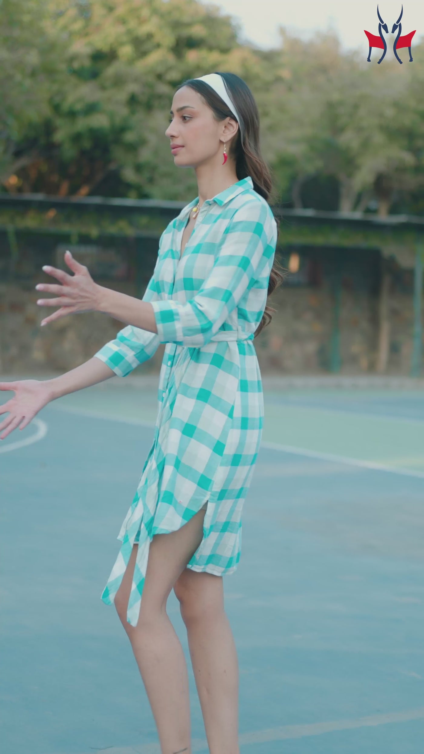 Women's Blue Checked V-Neck Shirt Dress