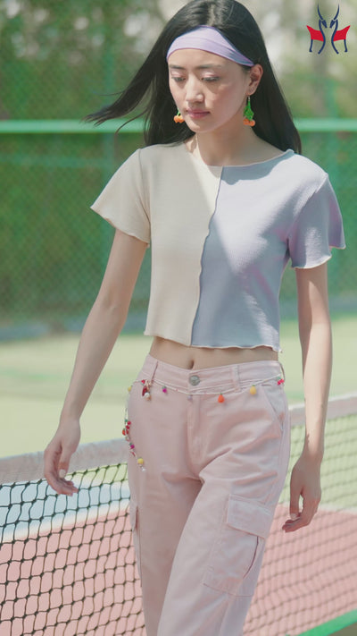 Women's Purple Color-Blocked Crop Length T-Shirt