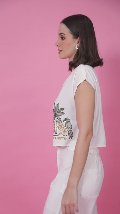 White Embroidered V-Neck Cropped Linen Top
