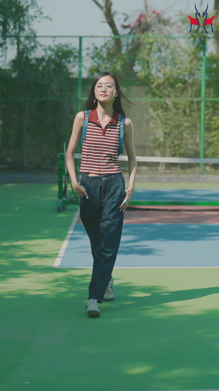 Brown Horizontal Stripes Polo Neck Sleeveless T-Shirt