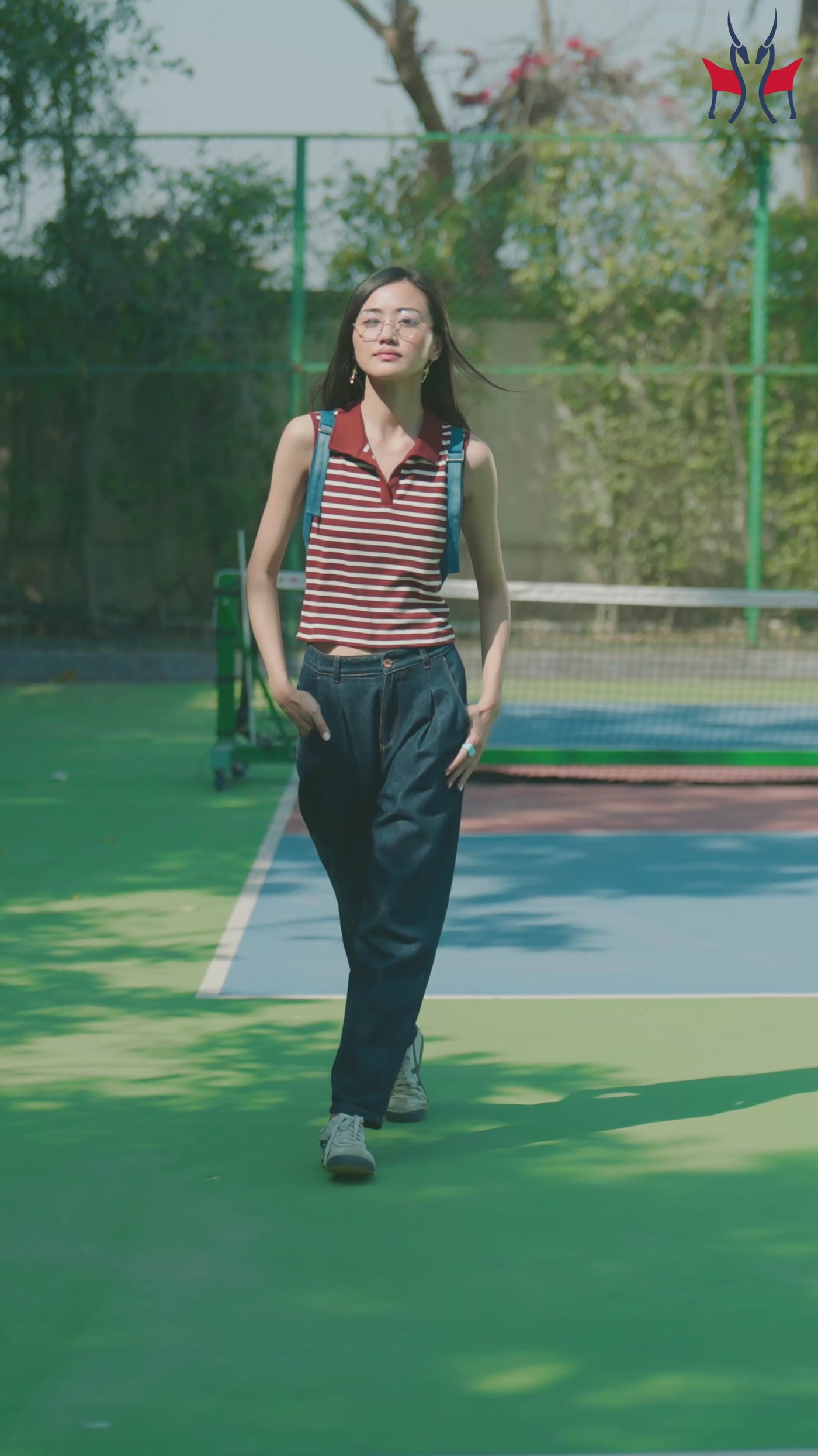 Women's Brown Horizontal Stripes Polo Neck Sleeveless T-Shirt